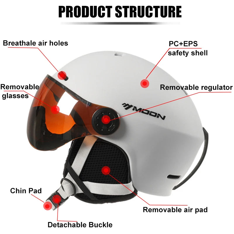 MOON Skiing Helmet Integrally-Molded PC+EPS Goggles Ski Helmet Outdoor for Adults Kids Sport Ski Snowboard Skateboard Helmets