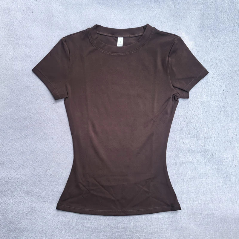 Summer Short Sleeve Yoga Top Women Workout Gym Crop Top Slim Fit Round Neck Yoga Shirt Seamless Sports Stretchy Shirts