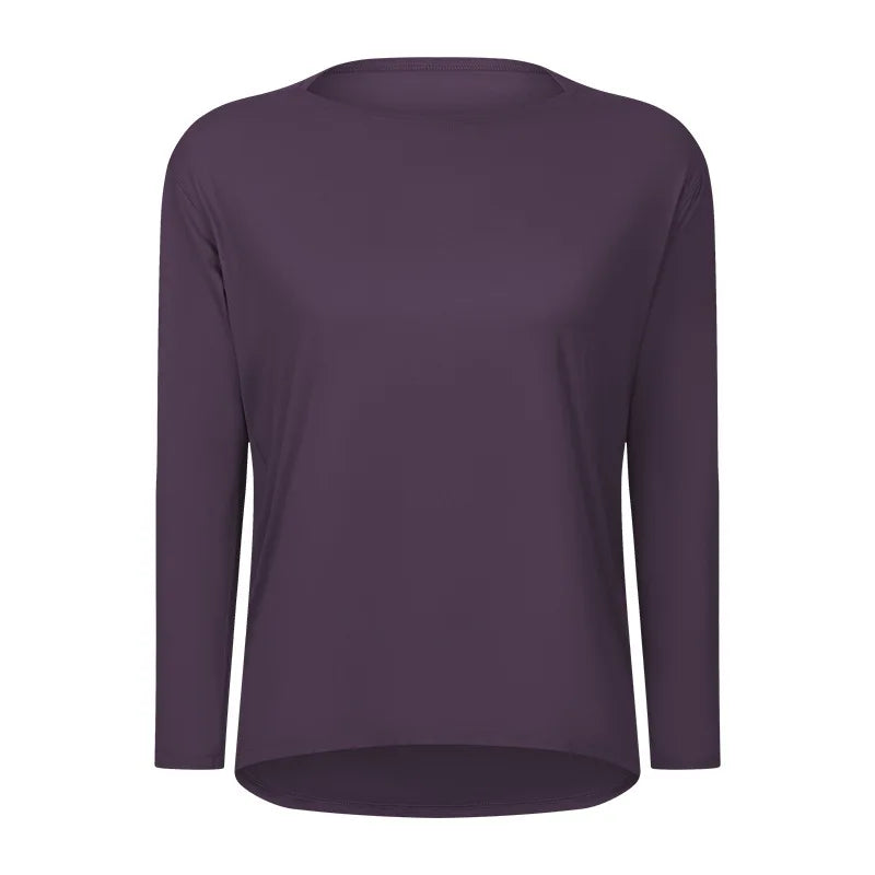Women's Long-Sleeve yoga T-Shirt, Quick-Dry and Breathable, Nude-Feel Curve, Boat Neck, Loose Fit, Running and Fitness Sports To
