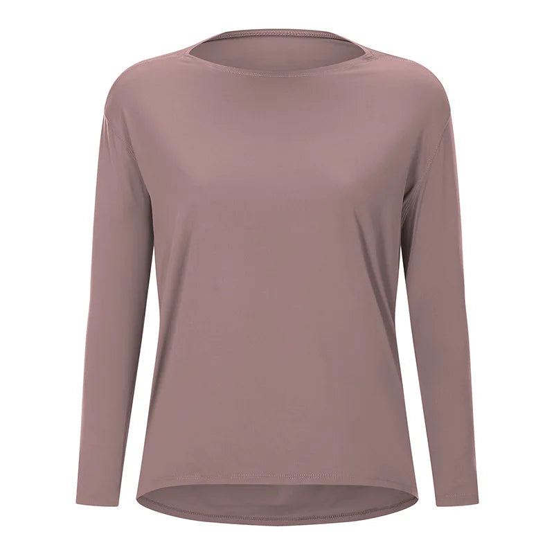 Women's Long-Sleeve yoga T-Shirt, Quick-Dry and Breathable, Nude-Feel Curve, Boat Neck, Loose Fit, Running and Fitness Sports To