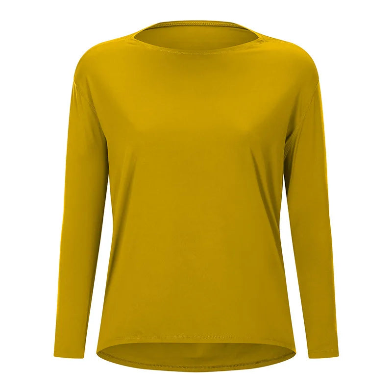 Women's Long-Sleeve yoga T-Shirt, Quick-Dry and Breathable, Nude-Feel Curve, Boat Neck, Loose Fit, Running and Fitness Sports To
