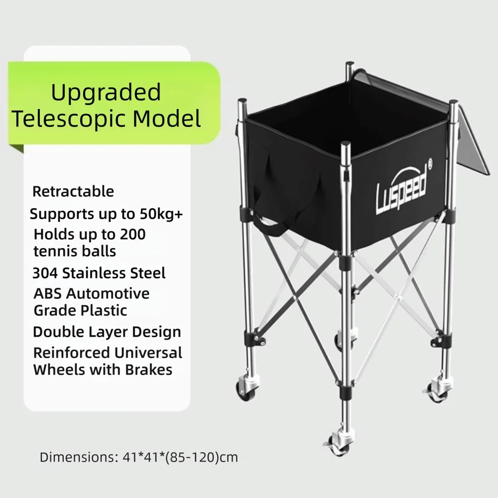Luspeed Tennis Ball Insert Trolley Stainless Steel Large Capacity Tennis Multi-ball Cart Height Adjustable