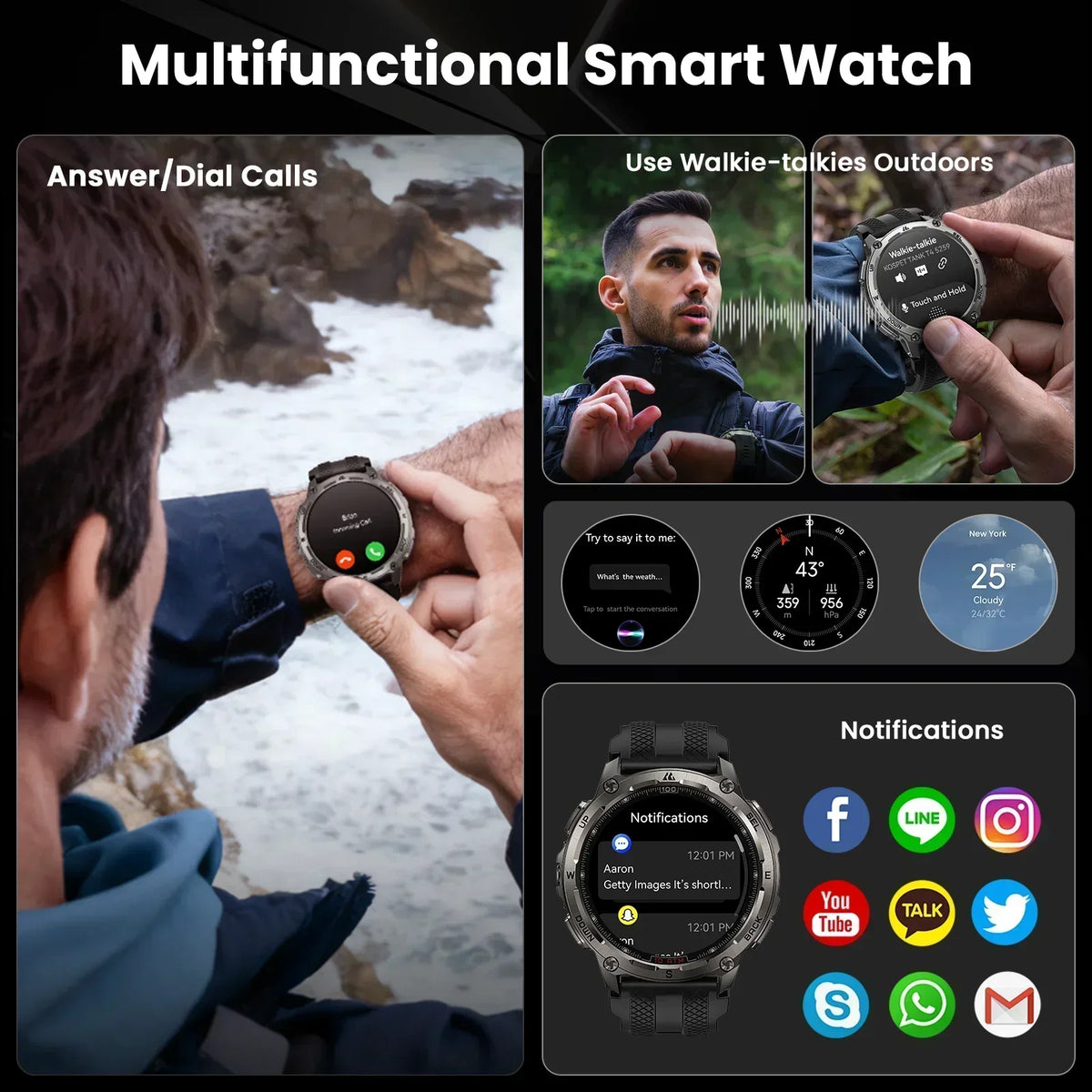 KOSPET Tank T4 Smart Watch for Men 6-Sat GPS Offline Maps 10ATM Waterproof Heart Rate Diving Skiing Hiking for Android iOS