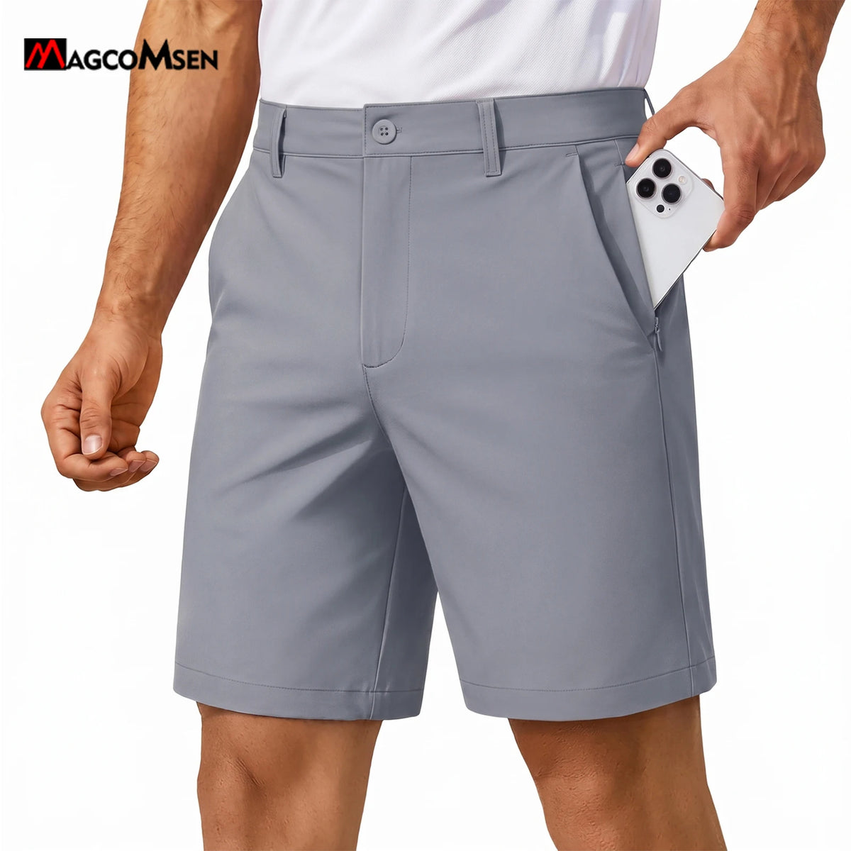 MAGCOMSEN Men’s 7” Golf Shorts Lightweight Stretch Quick Dry Wrinkle Resistant Hidden Zipper Ball Pocket Travel Shorts Versatile