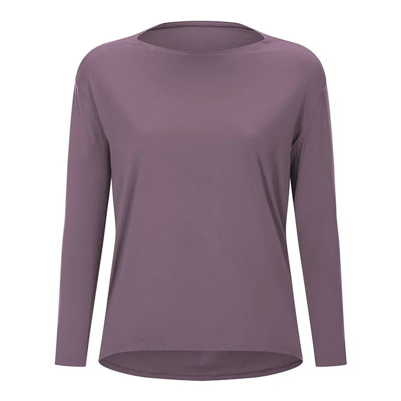 Women's Long-Sleeve yoga T-Shirt, Quick-Dry and Breathable, Nude-Feel Curve, Boat Neck, Loose Fit, Running and Fitness Sports To