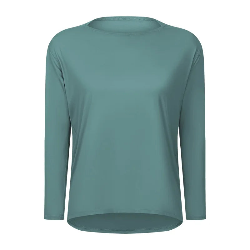 Women's Long-Sleeve yoga T-Shirt, Quick-Dry and Breathable, Nude-Feel Curve, Boat Neck, Loose Fit, Running and Fitness Sports To