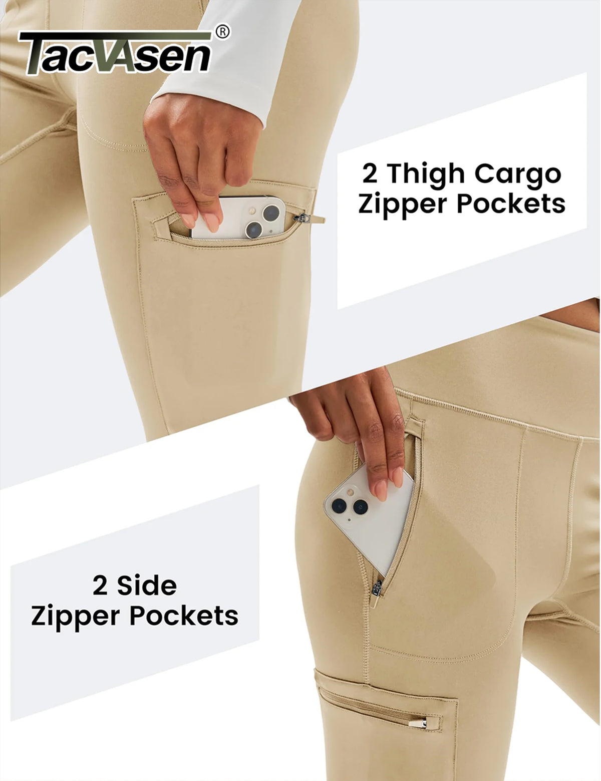 TACVASEN Women's Hiking Leggings with 4 Zipper Pockets Water Resistant High Waisted Cargo Leggings Elastic Workout Running Yoga