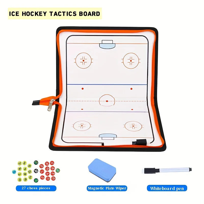 1pc Zippered Two-Fold Ice Hockey Tactical Board - Magnetic Flag/Writable Erasable/Foldable Storage Portable Folding