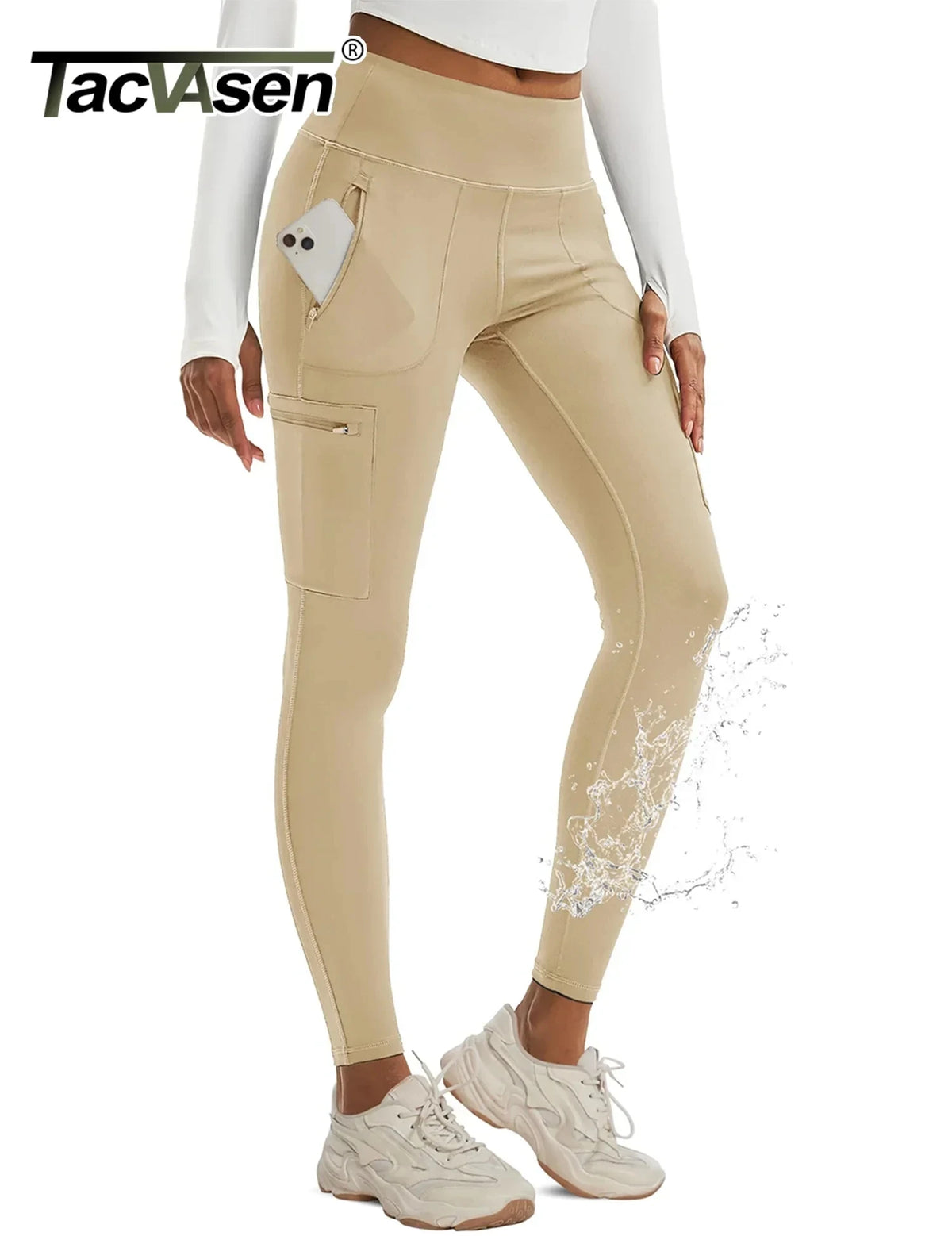 TACVASEN Women's Hiking Leggings with 4 Zipper Pockets Water Resistant High Waisted Cargo Leggings Elastic Workout Running Yoga