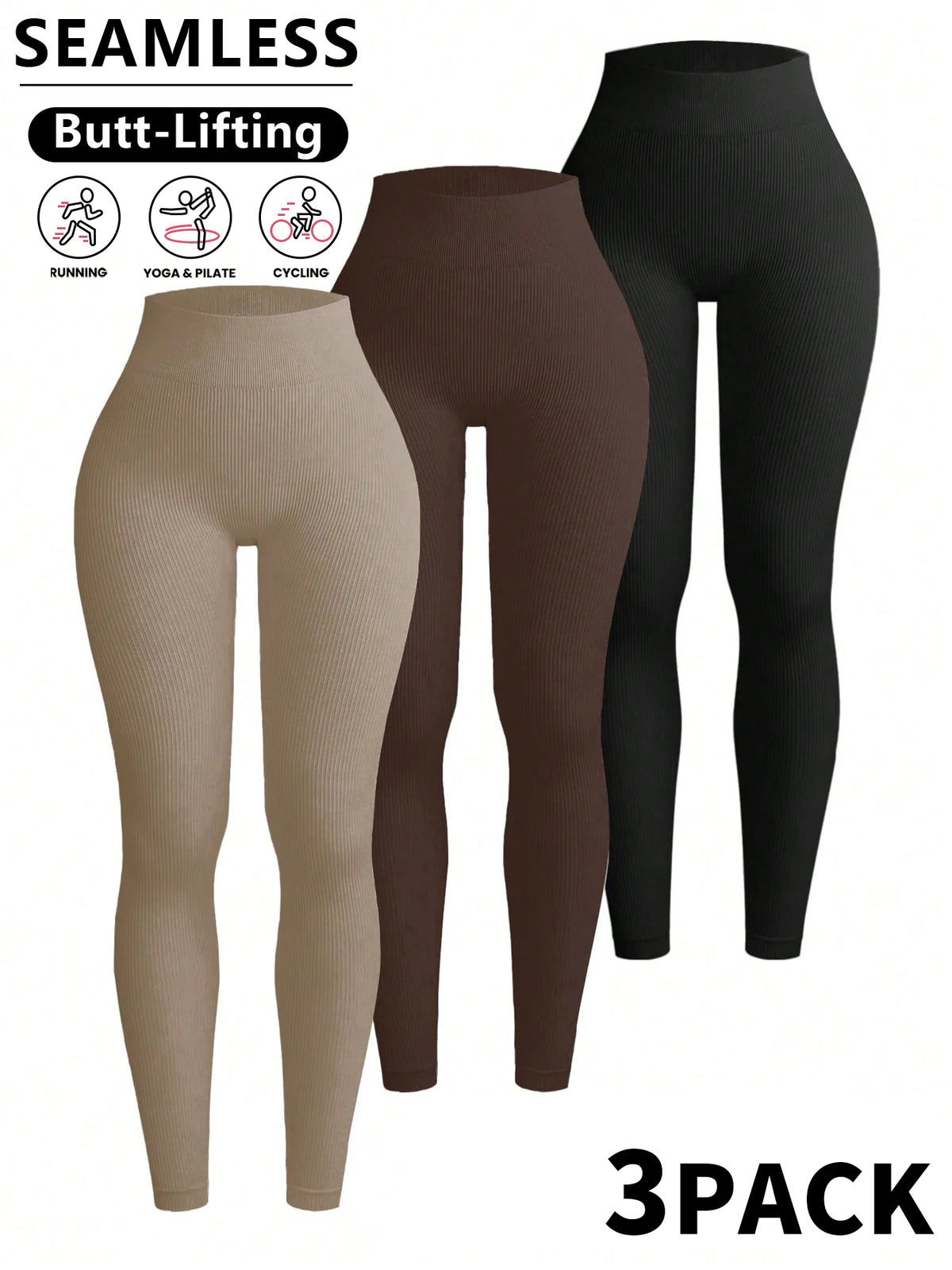3 Packs Ribbed Seamless Leggings For Women-No See-Through High Waisted Tummy Control Yoga Pants  For Workout Athletic Running