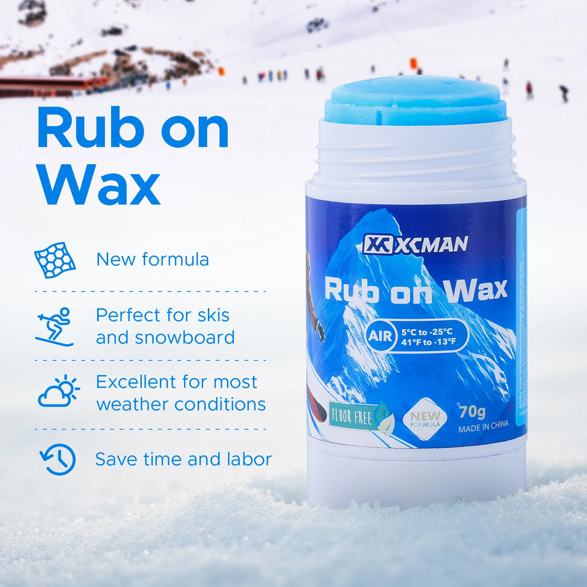 XCMAN Rub on Quick Wax for Ski/Snowboard/Nordic/Cross-Country with Easy Cork applicator 70g, Universal Wax for Most Temperature,