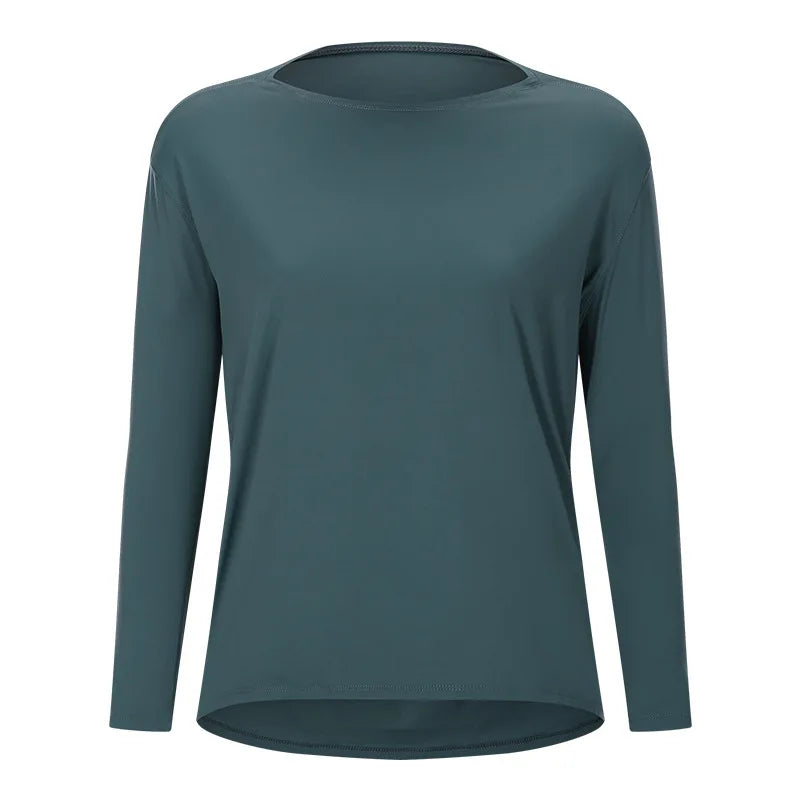 Women's Long-Sleeve yoga T-Shirt, Quick-Dry and Breathable, Nude-Feel Curve, Boat Neck, Loose Fit, Running and Fitness Sports To