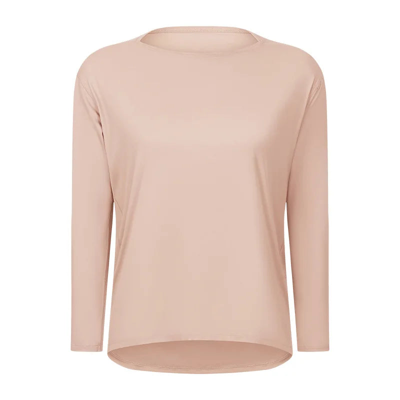 Women's Long-Sleeve yoga T-Shirt, Quick-Dry and Breathable, Nude-Feel Curve, Boat Neck, Loose Fit, Running and Fitness Sports To