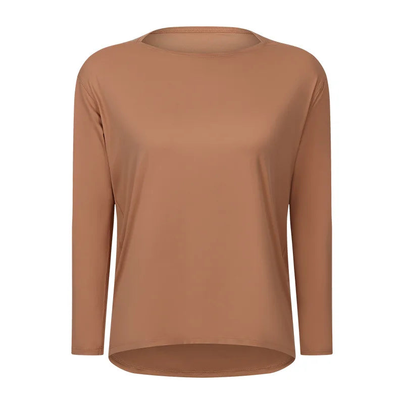 Women's Long-Sleeve yoga T-Shirt, Quick-Dry and Breathable, Nude-Feel Curve, Boat Neck, Loose Fit, Running and Fitness Sports To